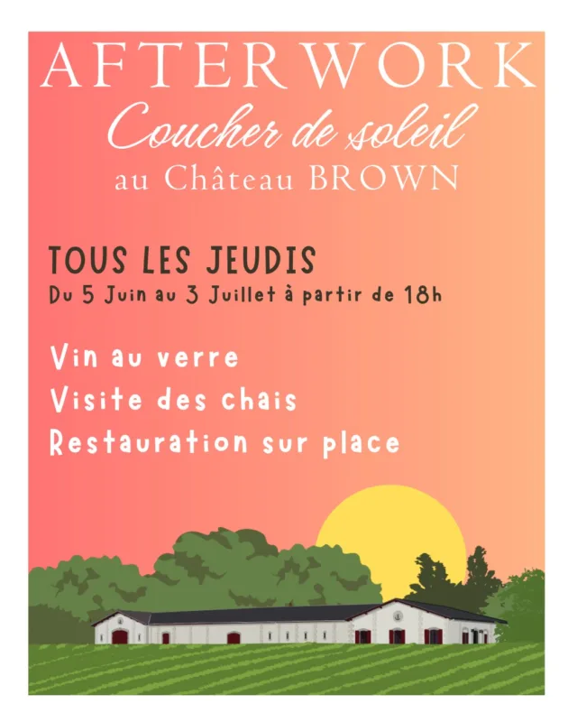 Les Afterworks sont de retour au Château Brown ! ✨

À l’heure où le soleil se couche sur les vignes, le Château vous ouvre ses portes pour cinq soirées placées sous le signe de la convivialité, du bon goût… et de la détente ! 🍇

📍 Rendez-vous tous les jeudis, du 5 juin au 3 juillet, à partir de 18h, pour profiter d’un cadre exceptionnel mêlant nature et art de vivre.

Au programme :
– Visite gratuite des chais à 18h30
– vente de vin au verre ou à la bouteille 
– Restauration sur place pour éveiller vos papilles

 ✨ Nouveautés 2025 :
– Un espace abrité dans nos chais, en cas de météo capricieuse
– La possibilité de réserver pour garantir votre place
 - moment de détente "Munz floor" avec @studio-pilates-gradignan (sur réservation)

 👨‍👩‍👧‍👦 En famille, entre amis ou entre collègues, venez vivre une soirée hors du temps dans l’écrin verdoyant du Château Brown, aux portes de Léognan, Gradignan et Villenave d’Ornon.

📅 Jeudis 5, 12, 19, 26 juin & 3 juillet – de 18h à 21h
📌 Réservation conseillée – Plus d'infos à venir sur notre site & nos réseaux !
https://www.chateau-brown.com/afterworks/

#afterwork #chateaubrown #pessacleognan #event #vinsdebordeaux #Bordeaux